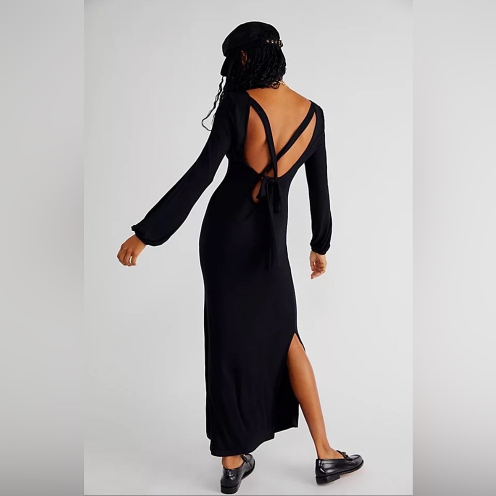 Free People Beach Luna Ribbed Knit Criss Cross Open Back Black Long Sleeve Dress